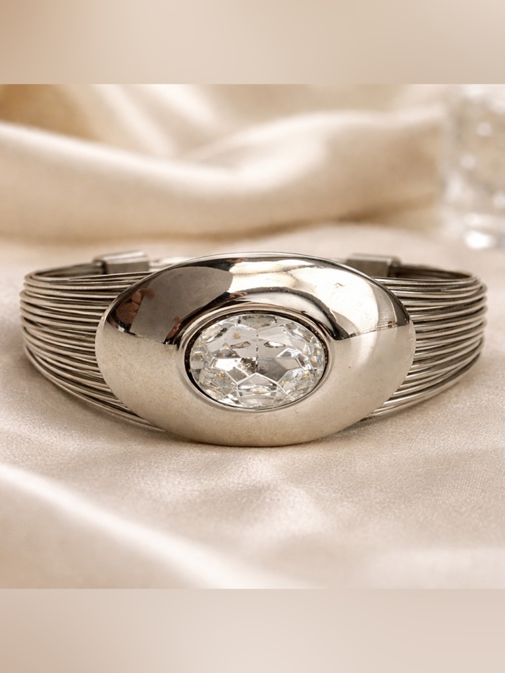 Statement Silver Cuff Bracelet Rhinestone Wide Wire Open Cuff